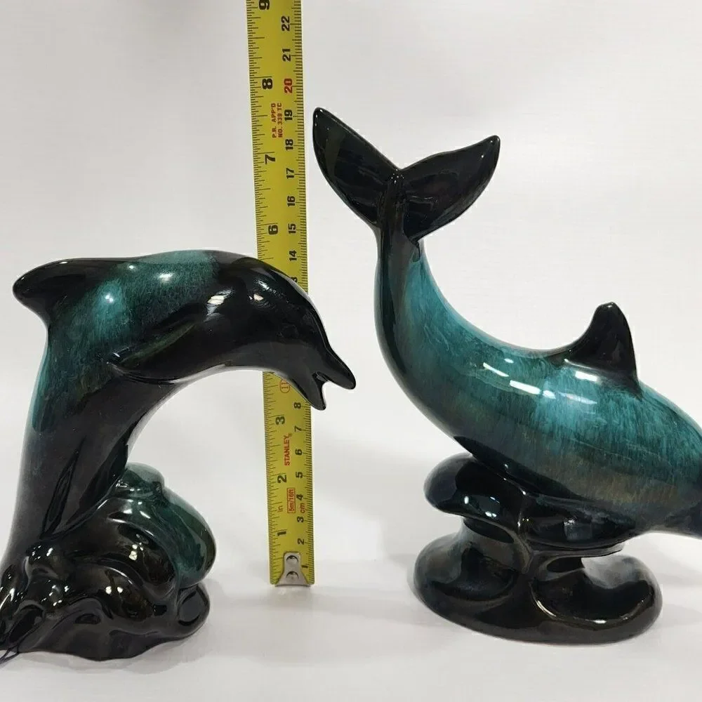 2 Vintage Blue Mountain‎ Pottery Big Dolphin Figures Retro Home Decor - Picture 2 of 10